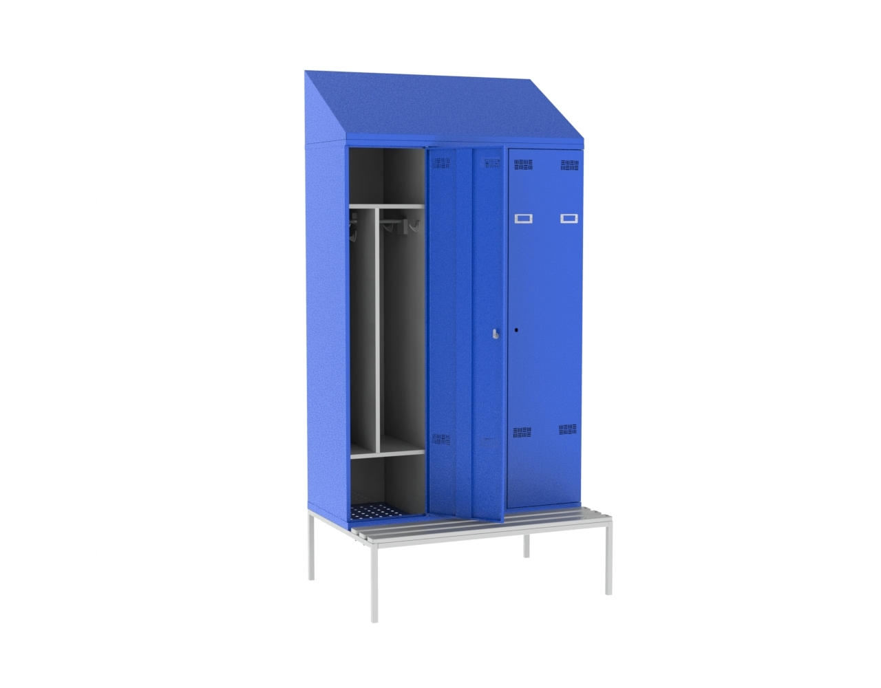 Шкаф сварной для одежды трёхстворчатый на подставке со скамьей сосна синий