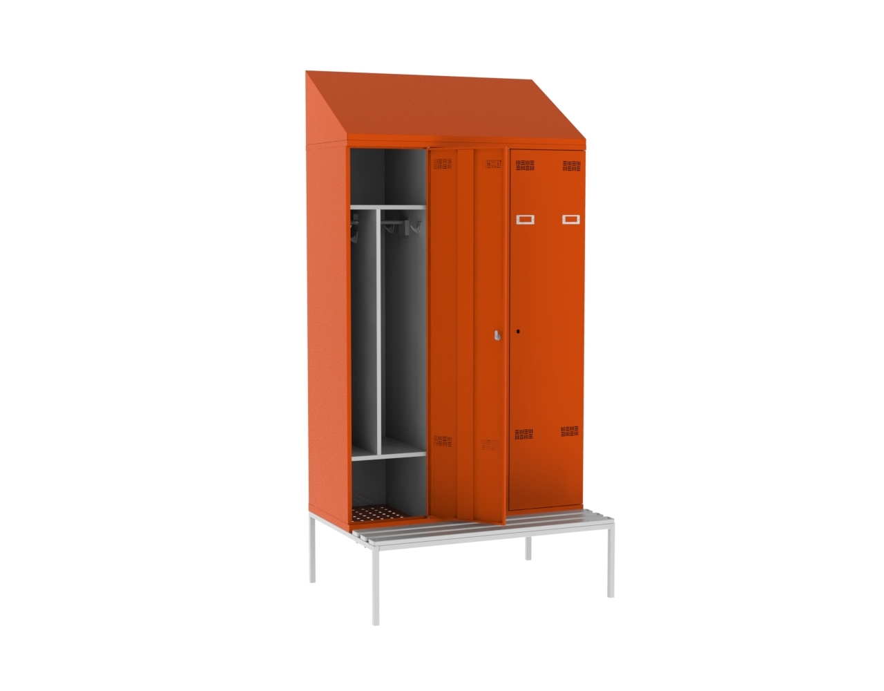 Шкаф сварной для одежды трёхстворчатый на подставке со скамьей сосна оранжевый