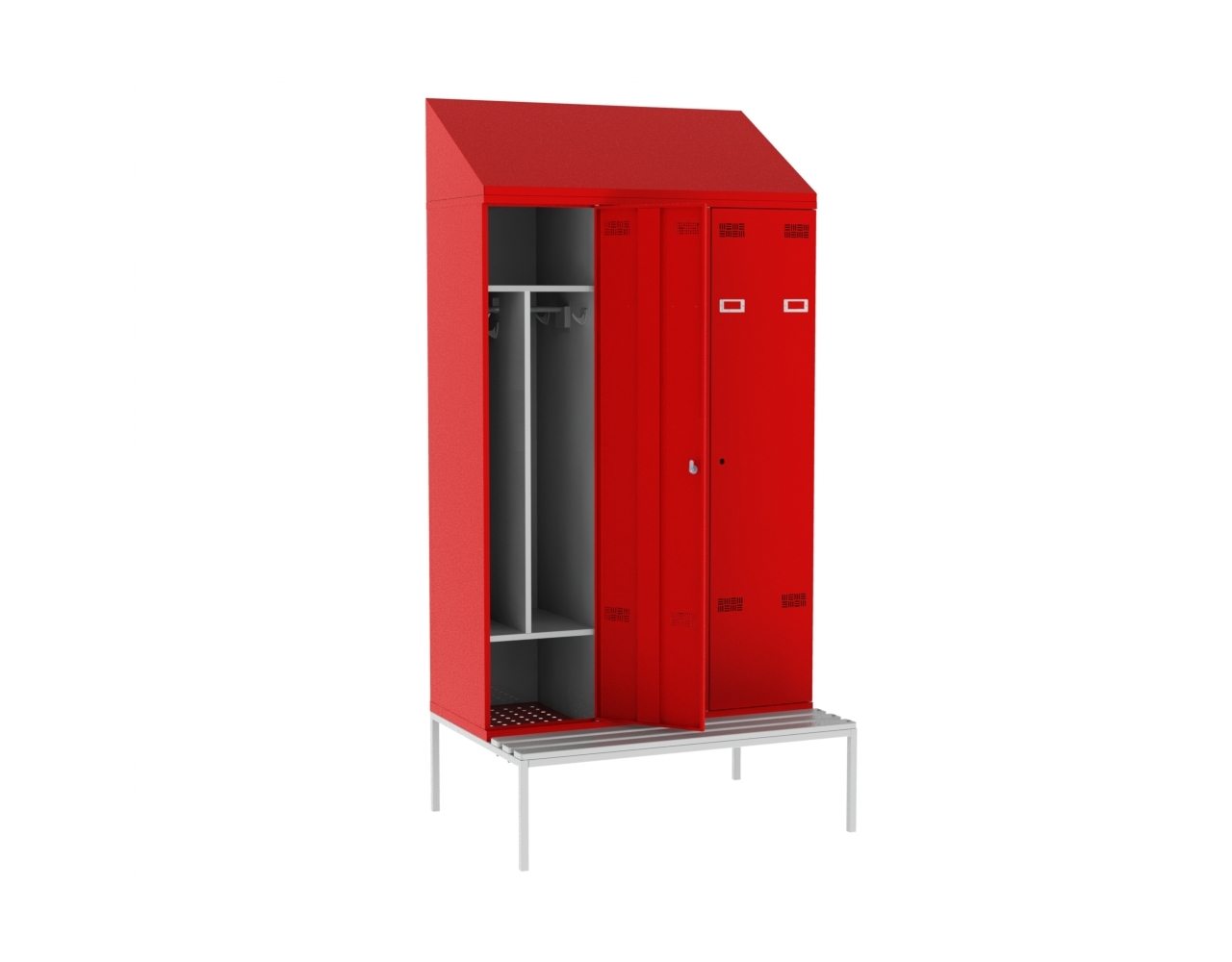 Шкаф сварной для одежды трёхстворчатый на подставке со скамьей сосна красный