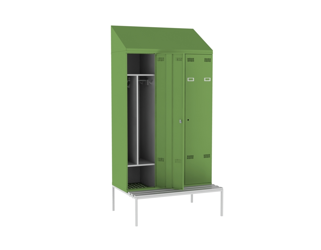 Шкаф сварной для одежды трёхстворчатый на подставке со скамьей сосна зеленый